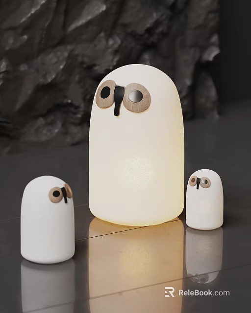 Three White Adorable Table Lamps With Eye Details Large Center And Small Sides Soft Light 3d model 
