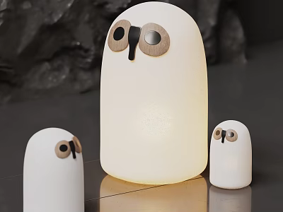 Three White Adorable Table Lamps With Eye Details Large Center And Small Sides Soft Light 3d model