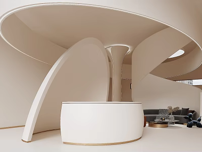 Modern Front Desk Reception Area With Curved White Structure And Interior Design 3d model