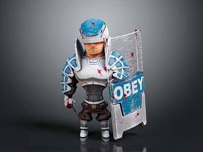 3D Armored Warrior Character With OBEY Shield And Blue Silver Armor Design 3d model
