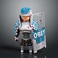 3D Armored Warrior Character With OBEY Shield And Blue Silver Armor Design