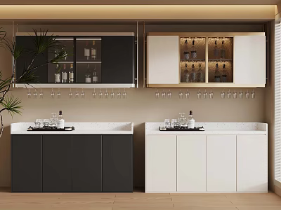 Modern Kitchen Bar Featuring Black White Cabinets Glass Door Upper Storage Wine Bottles Green Plant 3d model