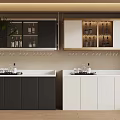 Modern Kitchen Bar Featuring Black White Cabinets Glass Door Upper Storage Wine Bottles Green Plant