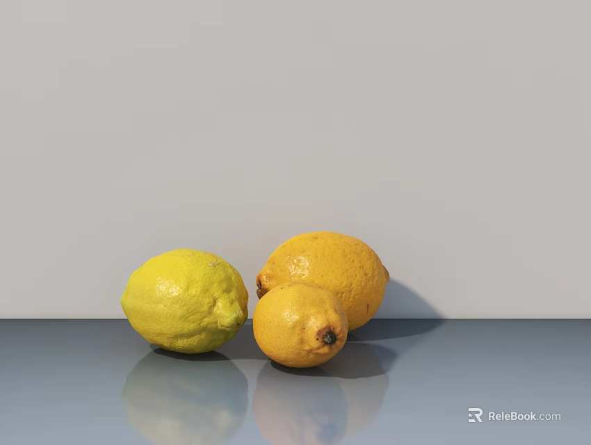 Fresh Ripe Lemons Placed On Smooth Shiny Surface With Natural Shadows 3d model 