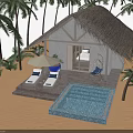 Tropical Palm Trees Surrounding Thatched Roof Hut On Beach With Pool And Lounge Chairs