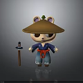 Cartoon Animal Character Wearing Straw Hat Blue Kimono Red Sash With Wooden Staff And Lantern