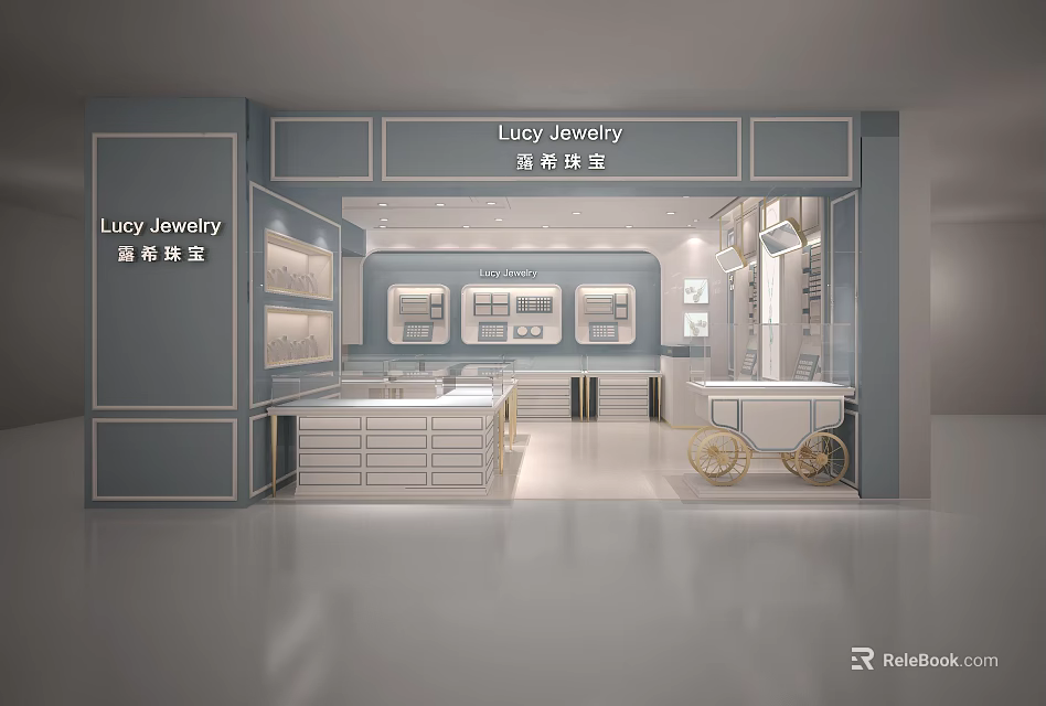 Lucy Jewelry Store Interior With Modern Display Cases And Stylish Jewelry Counters 3d model 
