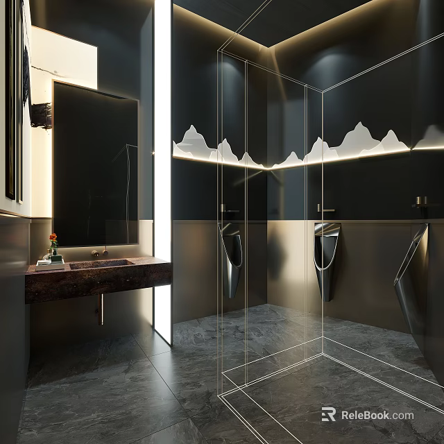 Modern Public Toilet Design With Dark Walls Mirror Urinals And Mountain Shaped Lighting 3d model 