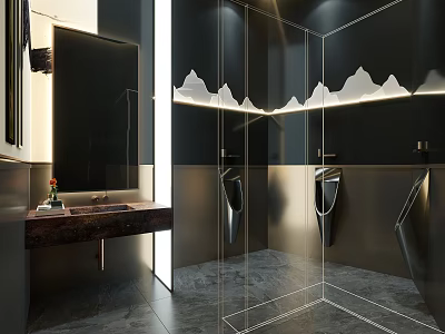 Modern Public Toilet Design With Dark Walls Mirror Urinals And Mountain Shaped Lighting 3d model