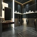 Modern Public Toilet Design With Dark Walls Mirror Urinals And Mountain Shaped Lighting