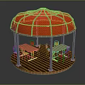Red Round Perforated Roof Pergola With Metal Frame And Wooden Tables Chairs Outdoor Leisure Space