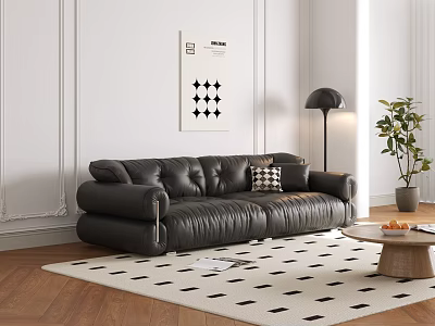 Modern Living Room Interior With Black Leather Sofa Geometric Rug Floor Lamp And Wall Art 3d model