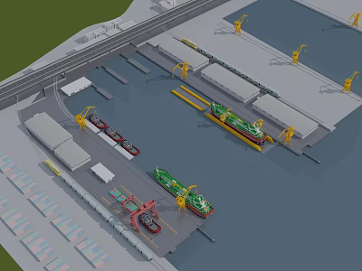 Industrial Port Scenery With Cargo Ships Cranes And Containers At Waterfront 3d model
