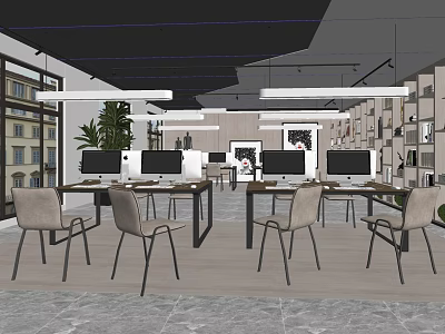 Modern Public Office Space With Open Layout Computers Desks Chairs Green Plants And Marble Floor 3d model