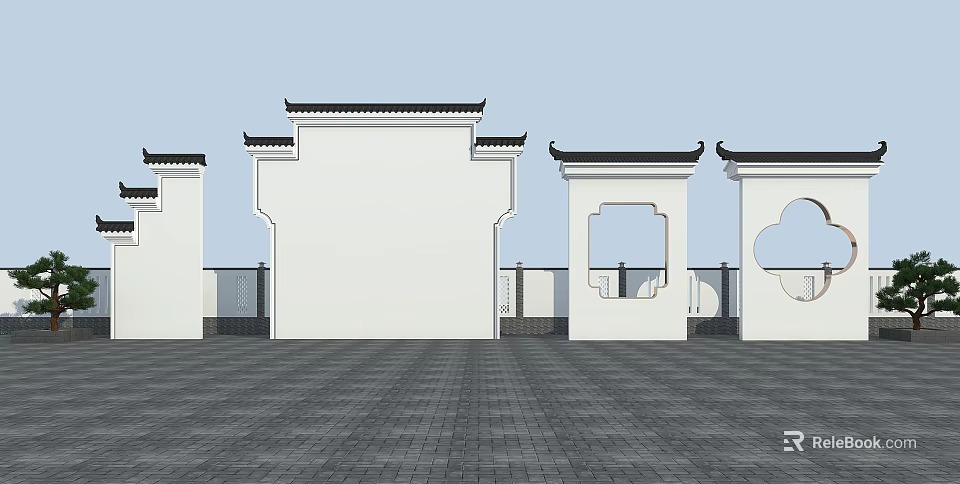 Traditional Chinese Scenic Wall With White Walls Black Roof And Carved Openings 3d model 