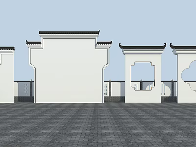 Traditional Chinese Scenic Wall With White Walls Black Roof And Carved Openings 3d model
