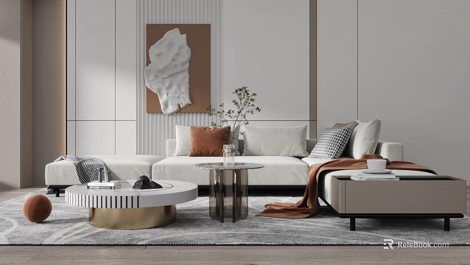 Modern White Sectional Sofa With Throw Pillows Blanket Coffee Table And Wall Art 3d model