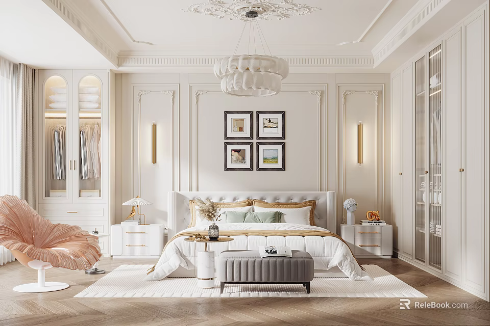 Luxurious Bedroom Interior With White Walls Ornate Chandelier Four Paintings Gray Bench And Pink Chair 3d model 