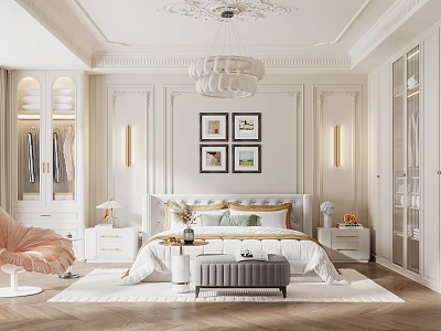 Luxurious Bedroom Interior With White Walls Ornate Chandelier Four Paintings Gray Bench And Pink Chair 3d model