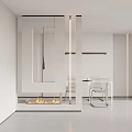 Modern Room Divider With Fireplace Dining Table And Pendant Lights 3d model