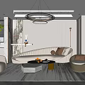 Modern Living Room Interior Design With Curved Sofa Round Chairs And Ring Pendant Light