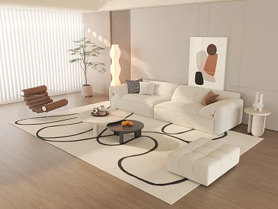 Cream wind sofa coffee table combination leisure chair hanging picture green plant floor lamp 3d model