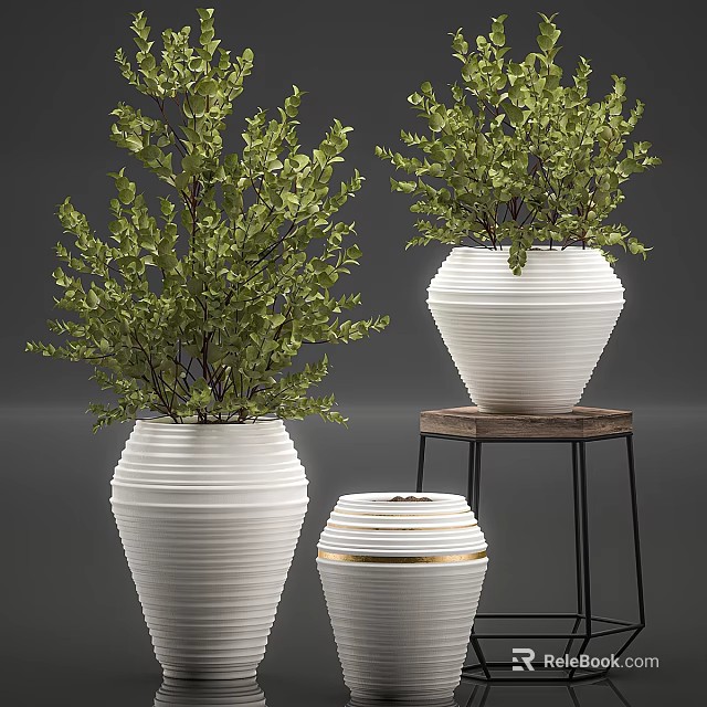 Decorative Ornament Set With White Striped Vases Green Plants And Metal Stand Table 3d model 