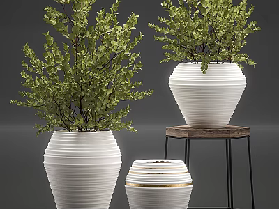Decorative Ornament Set With White Striped Vases Green Plants And Metal Stand Table 3d model