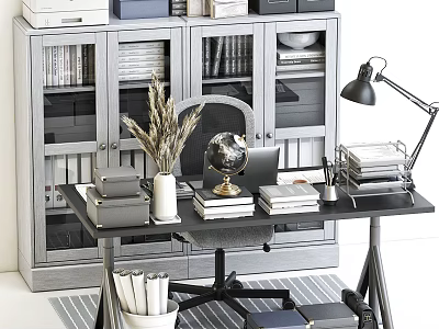 Modern Office Desk And Chair Set With Globe Books And Desk Lamp 3d model