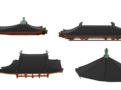 Traditional Chinese Architectural Roof Components Featuring Black Tiles Decorative Green Finials And Wooden Frames 3d model