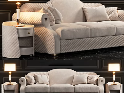 Luxury Beige Three Seater Sofa With Quilted Armrests And Side Tables 3d model