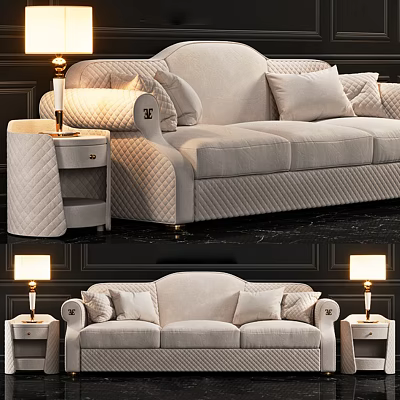 Luxury Beige Three Seater Sofa With Quilted Armrests And Side Tables 3d model