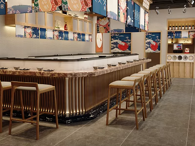Traditional Japanese Restaurant Interior With Wooden Bar Counter And High Stools 3d model