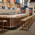 Traditional Japanese Restaurant Interior With Wooden Bar Counter And High Stools