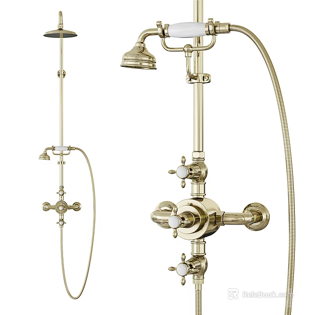 Elegant Brass Shower Faucet System With Overhead And Handheld Spray Heads 3d model 