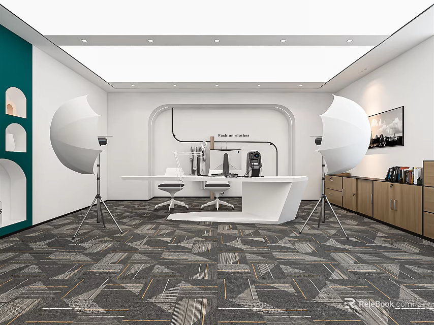 Modern Public Office Space With Green Wall White Circular Fixtures And Gray Geometric Carpet 3d model 