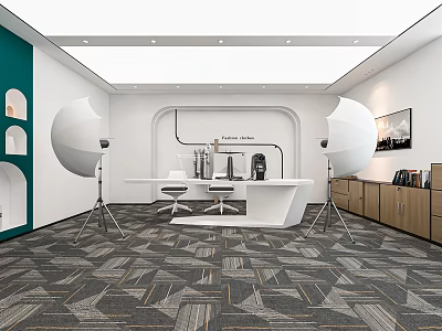 Modern Public Office Space With Green Wall White Circular Fixtures And Gray Geometric Carpet 3d model