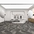 Modern Public Office Space With Green Wall White Circular Fixtures And Gray Geometric Carpet