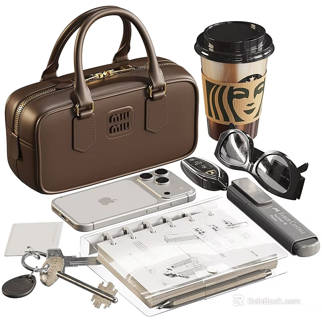 Fashion Daily Accessories Set With Brown Handbag Starbucks Cup Smartphone And Sunglasses 3d model 