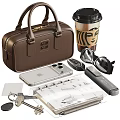 Fashion Daily Accessories Set With Brown Handbag Starbucks Cup Smartphone And Sunglasses