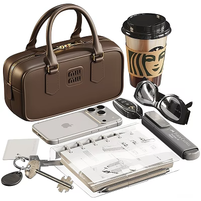 Fashion Daily Accessories Set With Brown Handbag Starbucks Cup Smartphone And Sunglasses 3d model