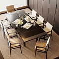Modern Black Dining Table Set With Beige Chairs And Tableware On Carpet 3d model