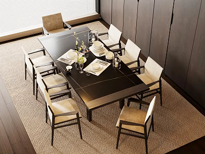 Modern Black Dining Table Set With Beige Chairs And Tableware On Carpet 3d model