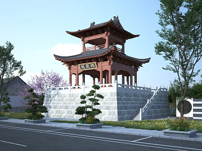 Traditional Chinese Ancient Pavilion With Double-Storey Red Roof Wooden Structure Stone Base And Garden Trees 3d model