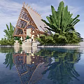 Waterfront Building With Triangular Roof And Large Green Plants By Sunset Sky Reflection 3d model