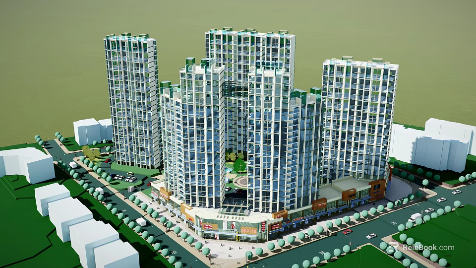 Modern High Rise Residential Buildings Featuring Commercial Podium And Green Spaces 3d model 