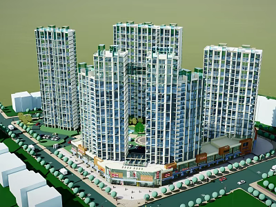 Modern High Rise Residential Buildings Featuring Commercial Podium And Green Spaces 3d model