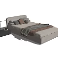 Modern Upholstered Double Bed With Gray Bedding Pillows And Blanket Matching Nightstand And Table Lamp