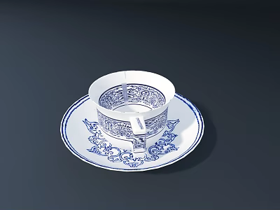 Blue And White Floral Porcelain Tableware Set With Decorative Cup And Saucer 3d model