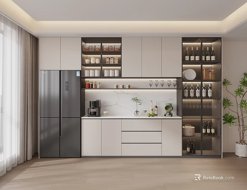 Modern Kitchen Sideboard with Glass Door Wine Storage Countertop Coffee Machine and Decorative Plants 3d model 